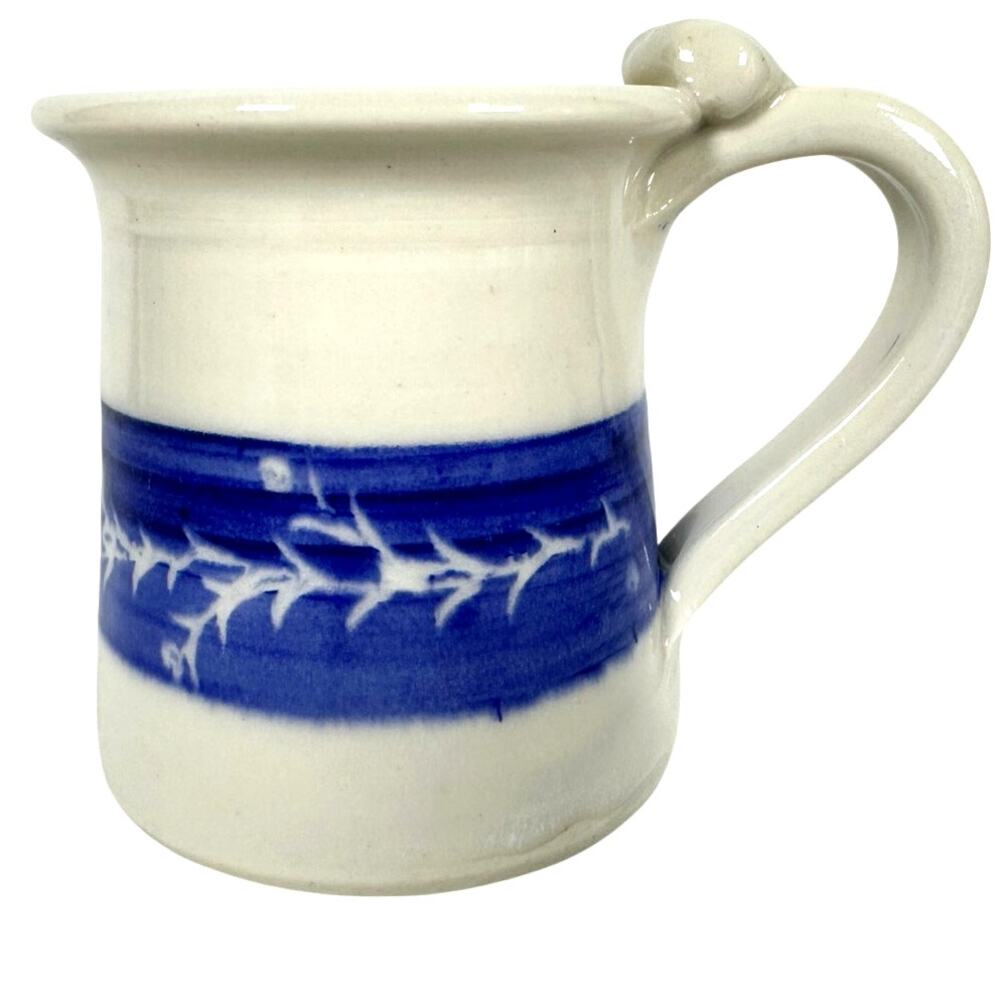 Hand Crafted Pottery Round Coffee Mug with Floral Blue Band-Comfy Handle-Mint!